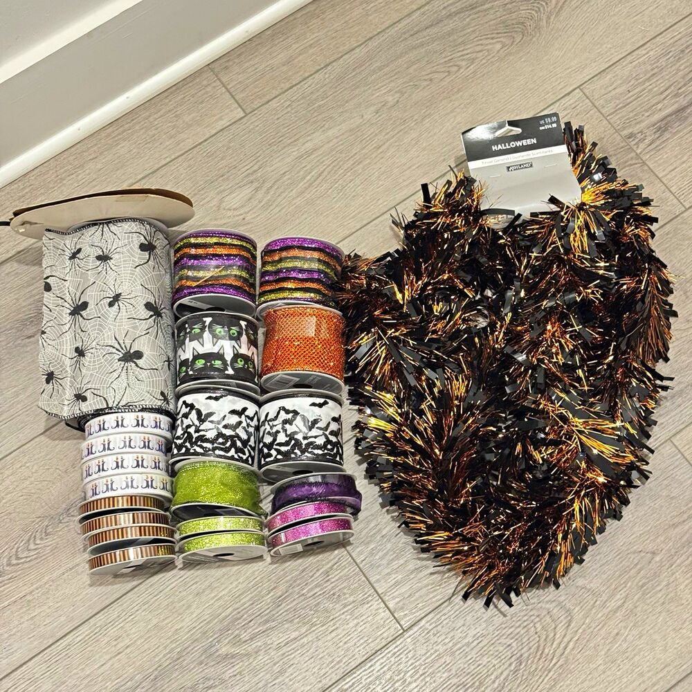 Halloween Ribbon & Tinsel Garland Lot New Wreath Making Craft Supplies 23 Pieces